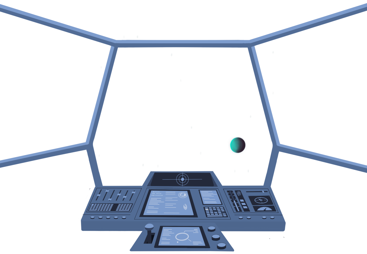 Starship bridge viewscreen console looking out into deep space