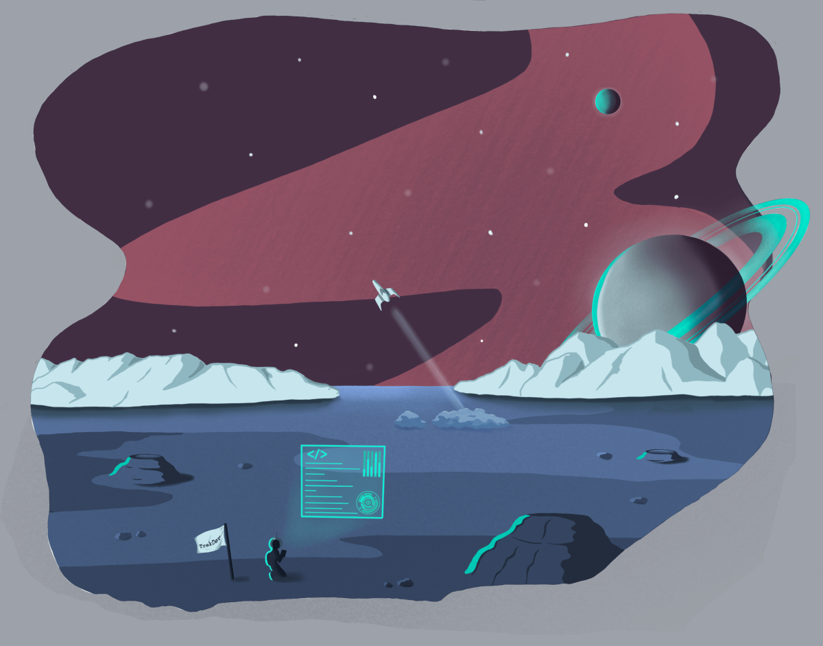 TrekDev explorer projecting a holographic code interface on a frontier planet